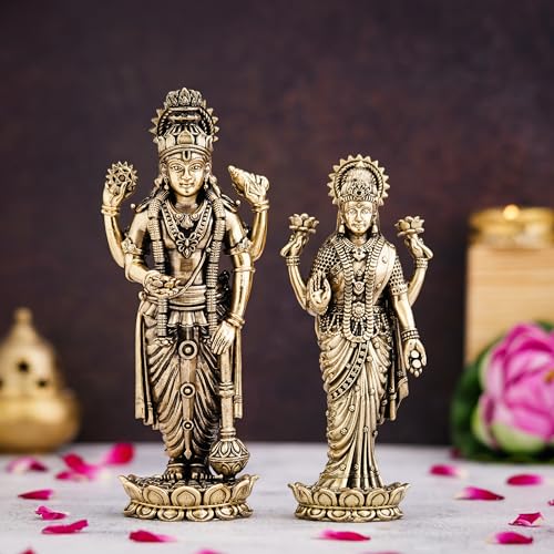 Image of Set of Brass Lakshmi Vishnu Ji Standing Murti Vishnu Laxmi Idol Lakshmi Narayan Statue for Home Temple Diwali Pooja Gifting Purpose