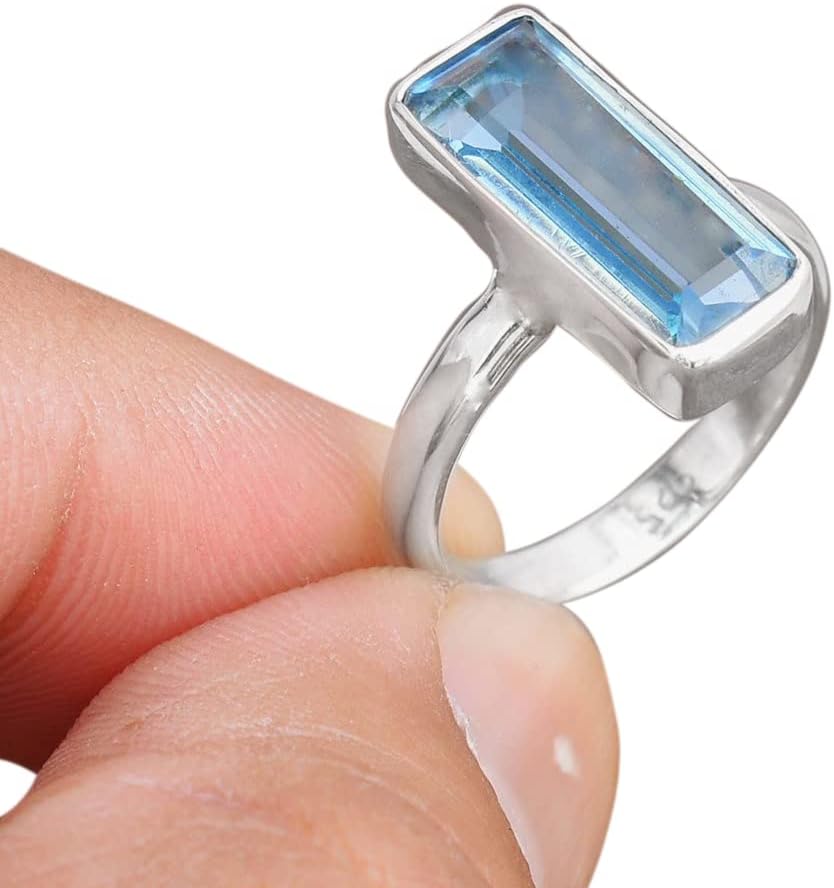 Solid 925 Sterling Silver Ring For Womens Natural Blue Topaz Ring Sterling Silver Art Deco Ring December Birthstone Bezel Set Gemstone Bar Ring