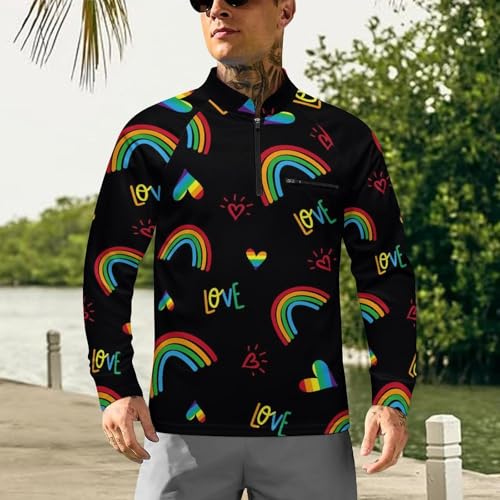 Rainbow and Love of LGBT Men's Rash Guard Long Sleeves Quick Dry Fishing Workout Shirts with Zipper2