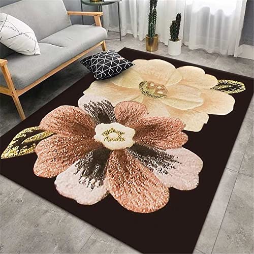 Tapis durable lavable grand motif floral abstrait marron