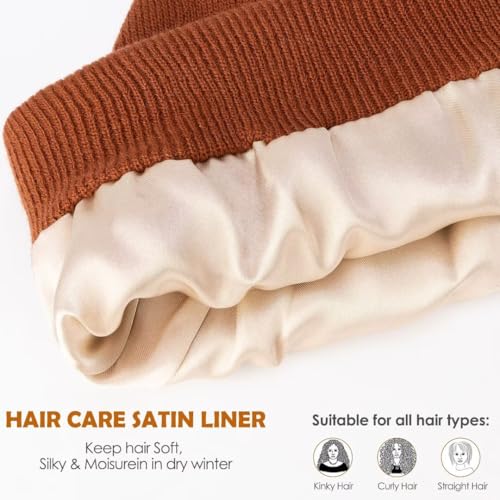 Image of 3 Pack Satin Lined Winter Beanie Hats for Women Men,Silk Lined Beanie Knit Soft Warm Cuffed Hat