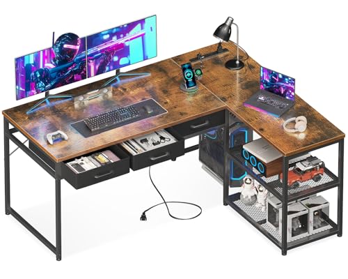 AODK ゲーミングデスク 引き出し3杯 パソコンデスク コンセント付き l字デスク デスク 机 幅135 pcデスク 棚付き desk 収納 オフィスデスク 在宅勤務 仕事用 組立簡単 ビンテージ
