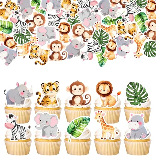 60 Pack Edible Safari Cupcake Toppers Monkey Giraffe Woodland Creatures Jungle Safari Cupcake Picks Water Paper Animal Forest Animal Jungle Theme Kids Birthday Cupcake Decorations Party Supplies