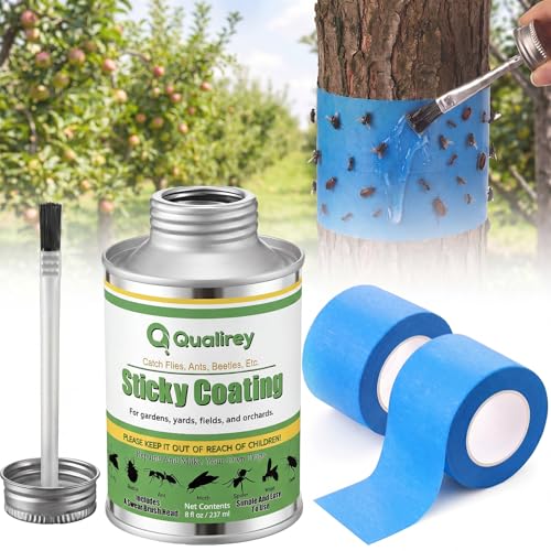 Qualirey 8 oz Insect Trapping Sticky Coating with Brush and 2 Pcs Tapes, Outdoor DIY Sticky Trapping Coating Tape for Common Pest Garden Greenhouse Orchard Tree Plant(Deer Fly Trap)