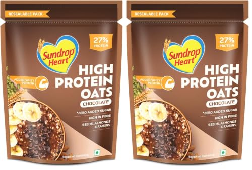 Image of Sundrop Heart High Protein Oats| 27g Protein| Zero Added Sugar| Whey Protein Added| 12.6g Fibre| 500g| Chocolate| Added Seeds, Almonds & Raisins (Pack of 2)