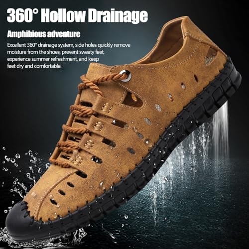 Men's Hollow Closed Toe Leather Handmade ls,Soft Lightweight Slip-On Flat Fisherman Non-Slip Beach ls Walking Driving Shoes3