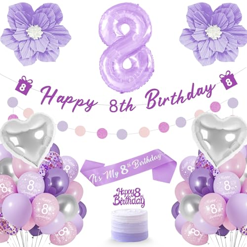 Ballon 8 Ans, Decoration Anniversaire 8 Ans, Décoration à Thème Violet y Compris Insert à Gâteau, Sangles, Fleurs Violettes, Anniversaire Ballon Huit Ans Fille