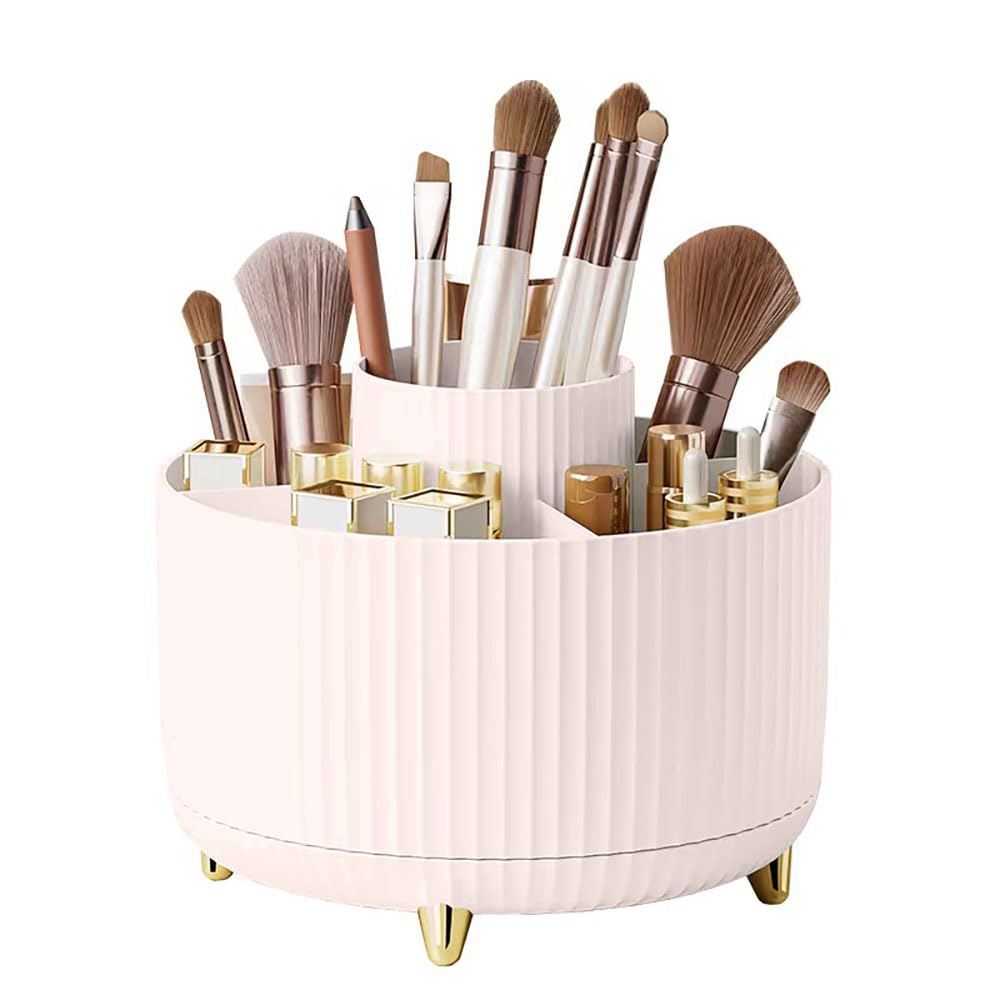 DDGAO Rotating Desk Organiser Pen Holder - 360° Degree Pen Holder for Desk Stationary Makeup Organiser with 5 Compartments Pencil Pen Pots for Home Office School Classroom Desk Tidy Stationary (Pink)