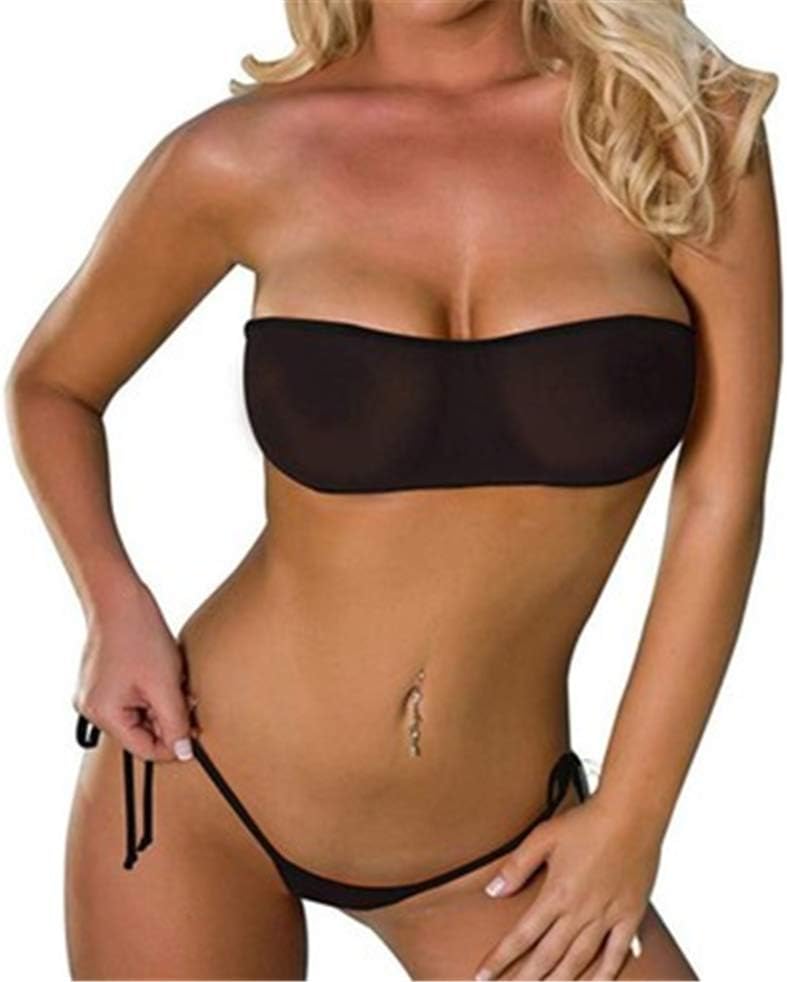 Women's three-point Mesh bikini,Summer Beach See-Through Mesh Bandeau Top, Mini Brazilian Thong Bottom