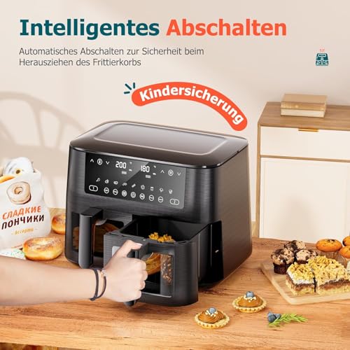Heißluftfritteuse 2 Kammern mit Sichtfenster, 9L XXL Doppel-Airfryer, 2 Unabhängige Fächer, 9-in-1 Air Fryer, Touchscreen, Smart und Timer-Funktion, Gesunde Friteuse ohne Öl und fettarmes Kochen – Bild 6
