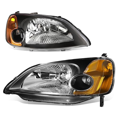 Auto Dynasty Headlights Assembly Compatible with 2001 2002 2003 Honda Civic Coupe/Sedan, Driver and Passenger Side Halogen Headlamps Replacement, HO2519102 HO2518102, Black Housing Amber Corner
