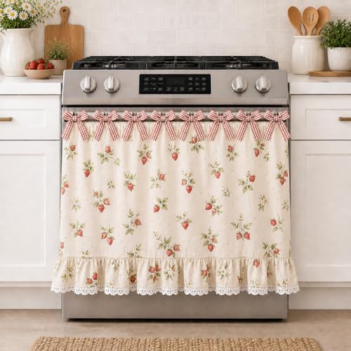Oven Skirt Curtain for Farmhouse Kitchen Decor Stove Cover Skirt with Lace Ruffle Trim & 8 Ribbon Ties Rustic Decorative Oven Door Curtain for Kitchen Dishwasher & Range (Sweet Strawberry)