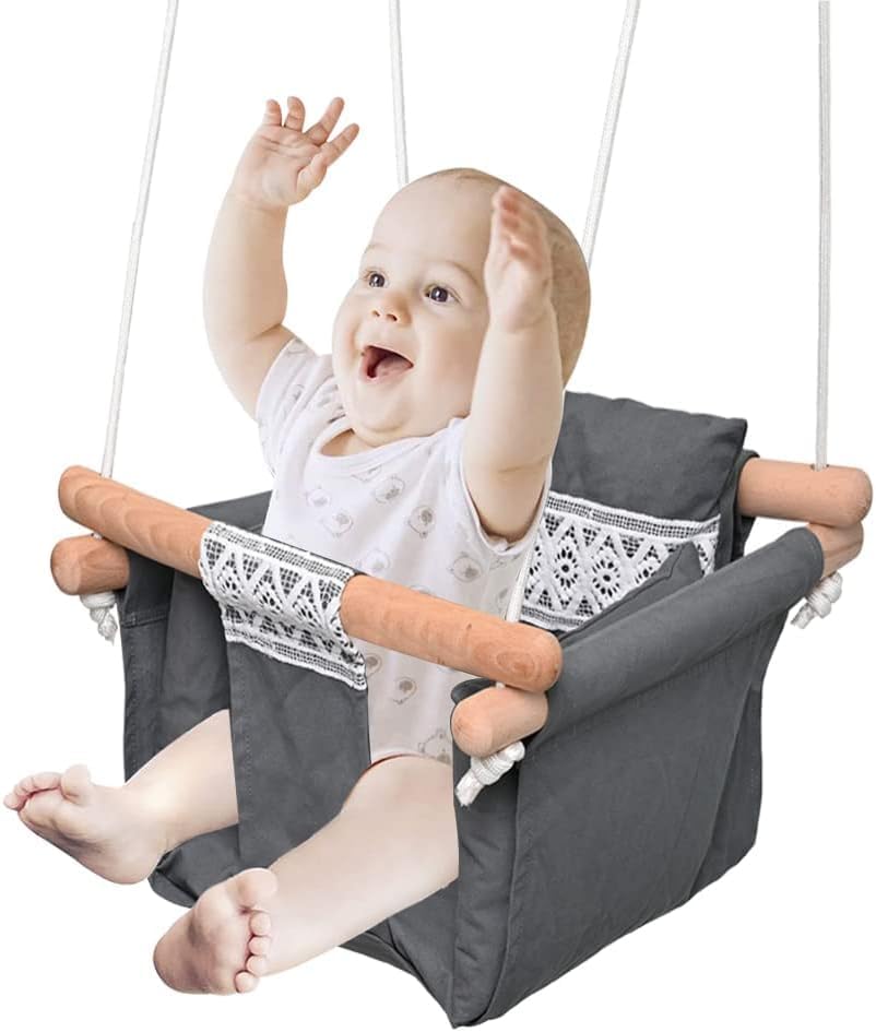 AMPLIN Indoor Outdoor Baby Cotton Swing with Safety Belt and Cushion, Kids Jhula, Grey, Wooden Frame, for 6 Months to 4 Years-image-35