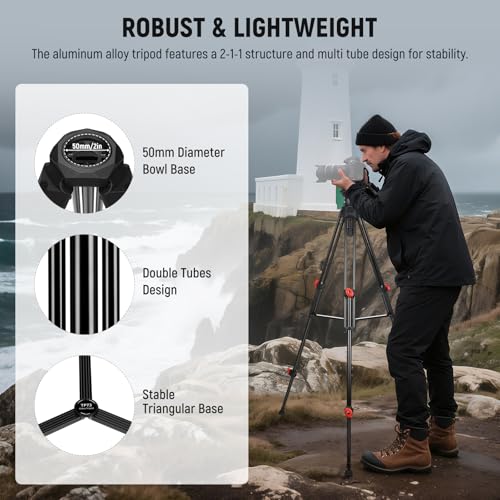 Image of NEEWER Video Tripod with Fluid Head, Heavy Duty Aluminum Compact Portable Camera Tripod Stand for DSLR Camcorder Compatible with DJI Gimbals Compatible with Manfrotto QR Plates, Max Load 13.2 lb, TP73