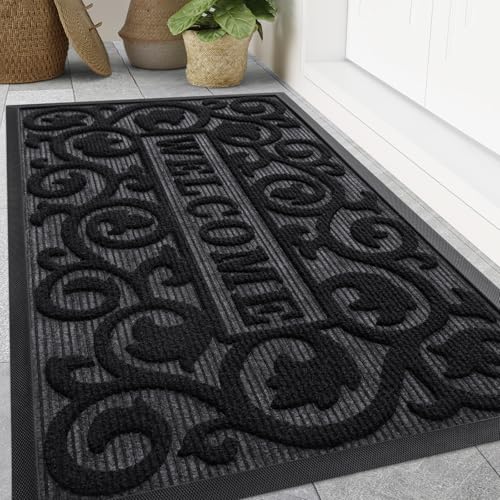 Image of Smiry Welcome Door Mat Outside Entrance, Heavy Duty Trap Dirt and Moisture Easy Clean Low Profile Patio Porch Indoor Outdoor Front Doormat for Entry, 47x32 Inch, Black