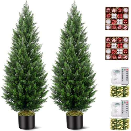 Vitalismo Artificial Cedar Trees 5ft Tall 2 Set, Fake Cypress Topiary Trees with LED String Lights...