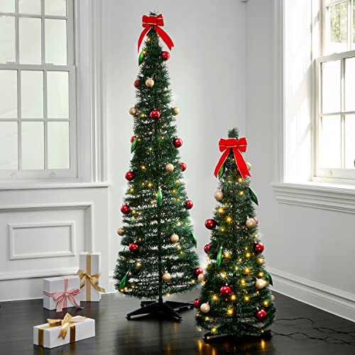 Pop Up Christmas Tree With Lights - 6Ft, Collapsible For Easy Storage, 150 Warm White Led, Ornaments & Bow Included, Decorated Artificial Pencil Tree, Green #TOP3