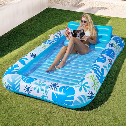 Inflatable Backyard Tanning Pool Lounger Float with Built-in Drainage, 85'×57.5' 6-in-1 Pool Floats...