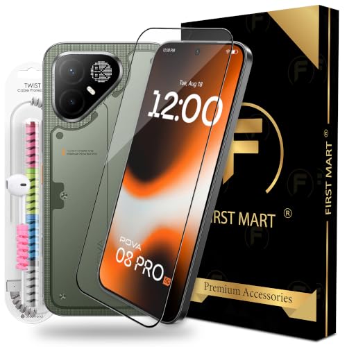Image of FIRST MART Tempered Glass for Tecno Pova 8 Pro, 9H 0.3 mm Full-Glue Screen Protector with Cable Protector, 3D Edge-to-Edge, HD Clear, Case-Friendly, Black, Pack of 1