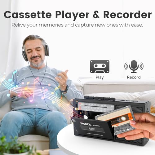 Image of PRUNUS J-360TS Cassette Tape Player Boombox with Bluetooth, Tape Recorder Player, MW AM FM Portable Radio,Solar /Battery Operated /Rechargeable,AUX /microSD /USB Drive, Flashlight, Headphone Jack, Gift