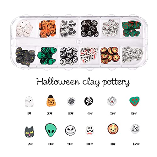 Kitbe 12 Grids Halloween Nail Art Slices 3D Ghost Pumpkin Skull Cute Cartoon Charms For Women Kids Manicure Decors Stickers Designs Fruit Fimo Decals Acrylic Decoration Kit #TOP2