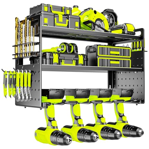 FaloStwer Metall Werkzeughalter Wand, Werkzeugspeicher Wandhalterung Schlagbohrschrauber Werkzeugregal Werkzeugständer mit seitlichem Schraubendreher-Gestell für Garage Werkstatt (Schwarz)