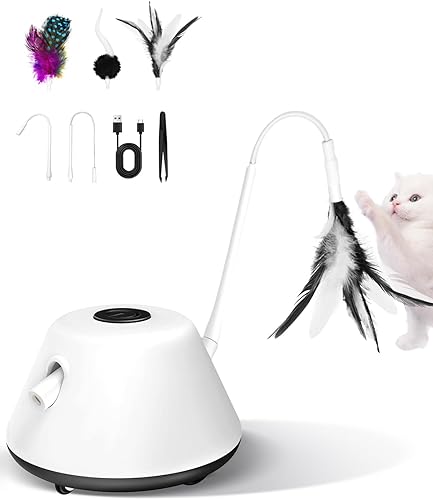 CT01-K - Juguetes interactivos automáticos para gatos de interior con plumas extraíbles, 3 modos de juego de velocidad, modo de espera inteligente,