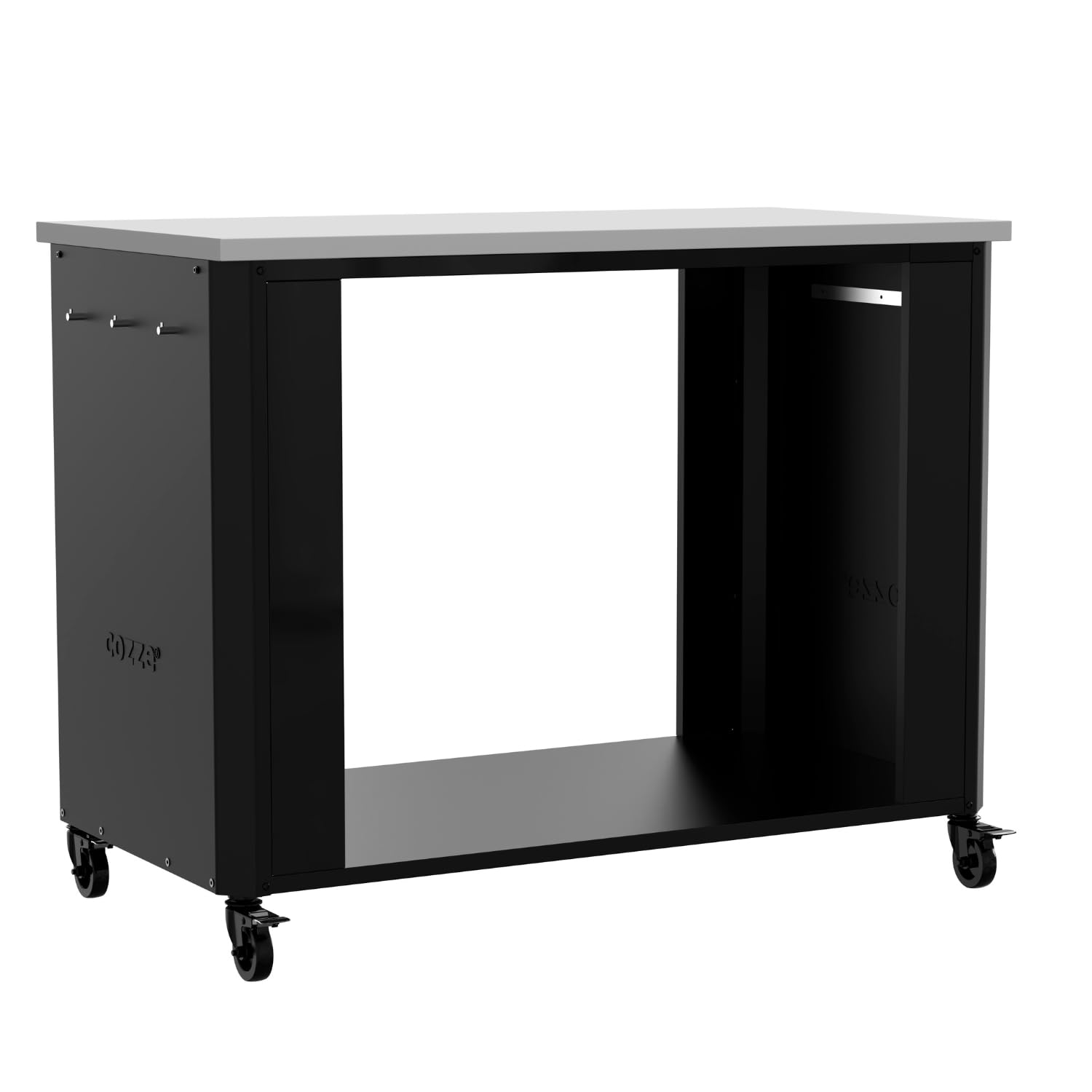 cozze® | Cucina da esterno 115 aperta | Piano in acciaio inox SS430 | Design modulare | Con 6 ganci porta utensili | Ruote Ø75 mm | Struttura in acciaio verniciato nero