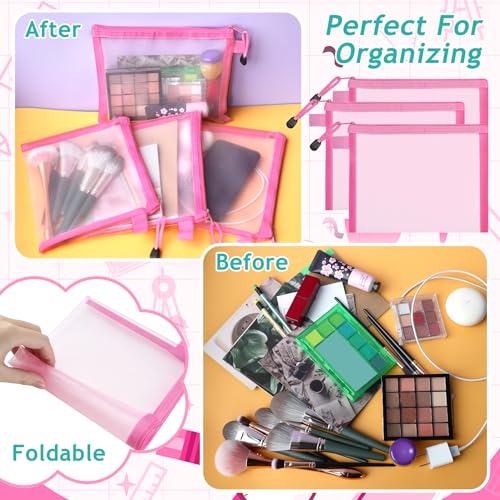 12-Piece Nylon Zipper Pouch Set, Pink Mesh Cosmetic Bags, Zippered Travel & Office Supplies Organizers - A54