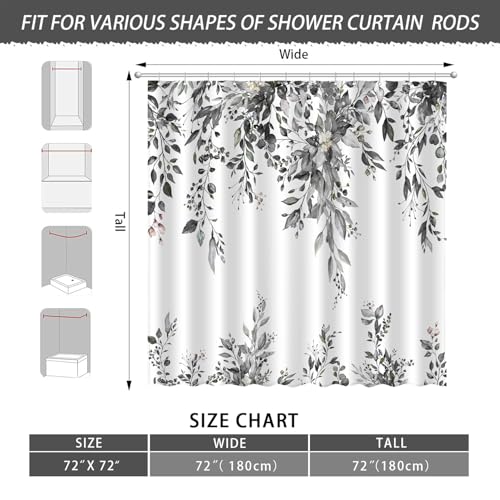 Image of Eucalyptus Shower Curtain, Abstract Aesthetic Art Watercolor Plant Leaves with Floral Bathroom Decor, Waterproof Fabric Cloth Bath Curtain Set with Hooks (Dark Gray, 72x72 Inches)