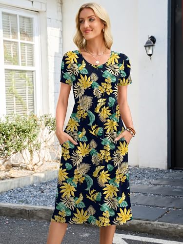 Image of Heymoments Women's Casual Short Sleeve Midi Dress Crewneck A Line Tiered Flowy Loose Travel Long Dresses with Pockets