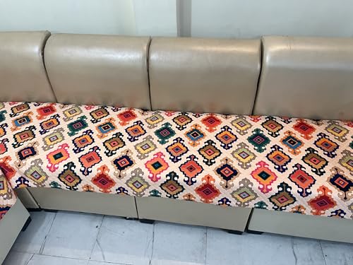 Image of JAPA Teal Ikat Medallion Quilted Velvet L-Shape Seat-Only Sofa Cover for 3+2 Seater - Non-Slip Washable Daily Use Sofa Protector, Luxury Sofa Mat for Living Room