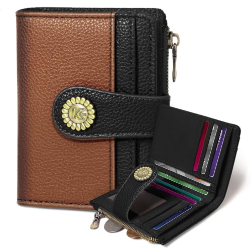 Image of Kelvoris Small Rfid Women Wallet Bifold Zipper Coin Pocket Brown and Black | PU Leather Compact Cash Credit Card Holder Travel Purse for Female Ladies Teen Girls 1 ID Window 10 Card Slots