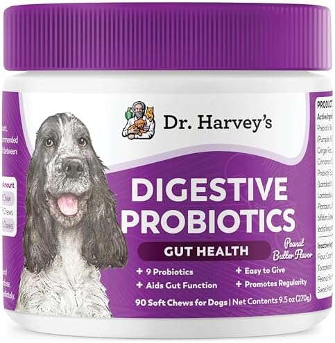 Dr. Harvey's Digestive Probiotic Soft Chews for Dogs, 9 Probiotics for Gut Health, Diarrhea and Bowel Support, Peanut Butter Flavor (90 Chews)