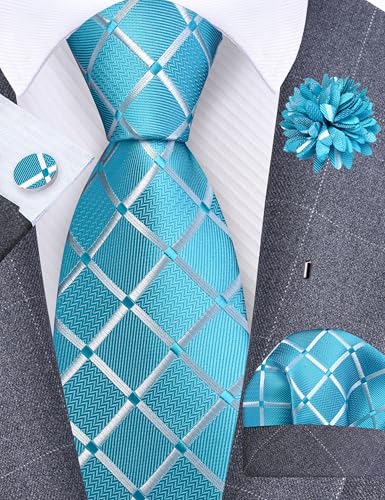 Image of GUSLESON 3.15 inch(8cm) Mens Tie and Lapel Pin Plaid Checkered Necktie Hankerchief Cufflinks Set for Men