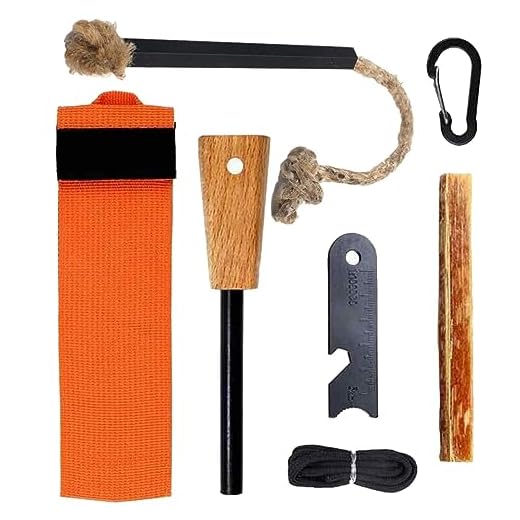 Kit de sobrevivência para iniciantes de fogo, 7 peças, kit para iniciantes de pederneira e aço, incluindo haste de ferro maior de 5/40.6 cm com raspador/raspador, cabo de cânhamo para pavio Kindling