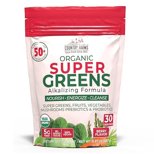Country Farms Super Greens Berry Flavor, 50 Organic Super Foods, USDA Organic Drink Mix (Wheat Grass, Spirulina, Chlorella) Mushrooms & Probiotics, with Fiber, Gut Health, Natural Energy, 30 Servings