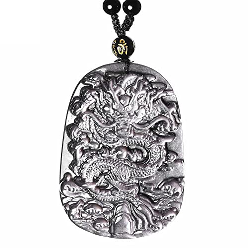 Natural Crystal silver Obsidian Dragon Necklace Amulet Pendant with Adjustable Bead Chain for Men