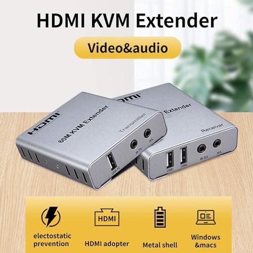 Image of 60M USB KVM HDMI Extender, with 1080P R /L Audio by CAT5E Cat6 RJ45 Ethernet Cable Transmitter Receiver Audio Video Converter PC Laptop to TV Monitor (4K 60M HDMI Extender Cascade Connection)