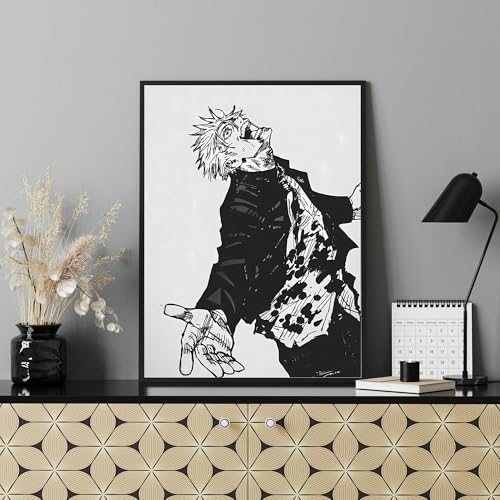 Image of PostlateBlack & White Manga Style Anime Character Wall Art Poster with Frame - Japanese Sketch Artwork for Bedroom, Gaming Room, Living Room & Anime Fans Decor (Design 8)