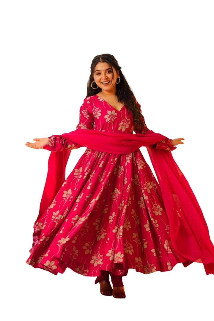 Pink Floral Print Anarkali Gown with Dupatta-image-8