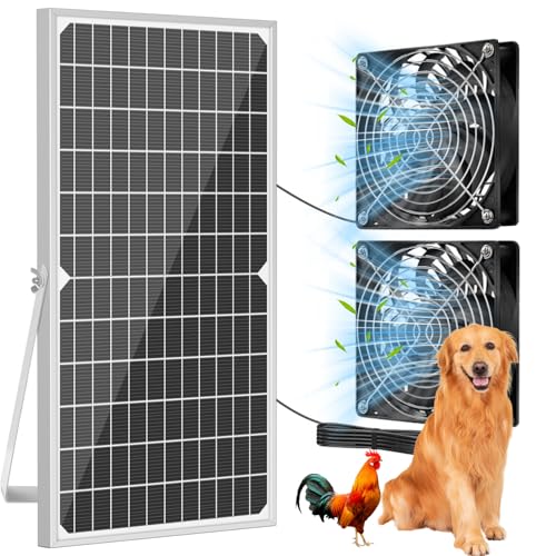 NHZOTUD Kit di ventilatore ad energia solare da 17,72 pollici IPX7 a prova di intemperie, pannello solare da 22 W con 2 ventilatori impermeabili, ventilatore ad aspirazione o scarico per esterni