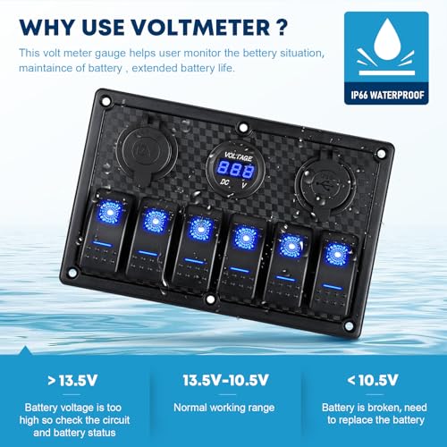 image for Kohree 6 Gang Marine Boat Rocker Switch Panel Waterproof + USB Switch,