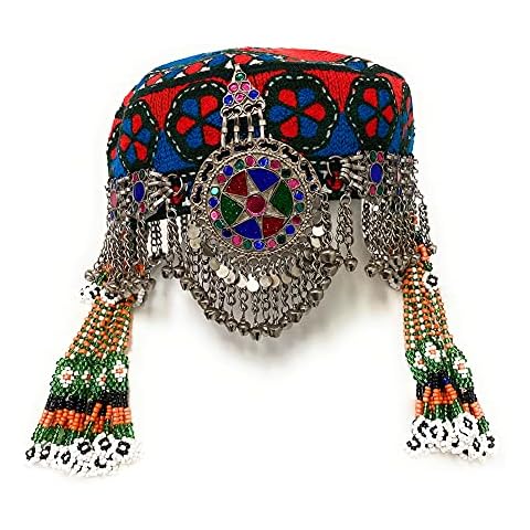 Turkman Tribal Afghan Fabric Head Cap with Hanging Ornaments and Bells Halime Güzel Cover