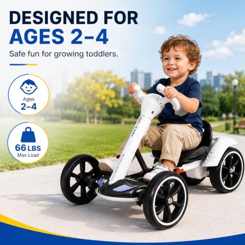 Image of MAOO Electric Go Kart for Kids, Foldable Ride On Toy Car for Toddlers Ages 2-4, Zero Assembly Battery Powered Go Kart with EVA Foam Tires, Adjustable Seat, Steering Wheel, 390 Motor, 3.73 MPH (White)