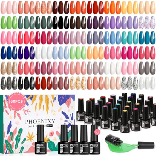 Phoenixy L'ensemble De Vernis à Ongles Semi Permanent, 54 Couleurs Vernis Semi Permanent avec Base et Top Vernis de Pailleté Glossy Matte Orange Rose Vernis...