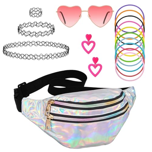 YEWCEP 17 Stück 90er Jahre Accessoires, 90er Jahre Outfit Damen, Festival Party Outfit Dame, Silberne Taschen, Rosa Herzenbrillen, Tattoo-Halsketten, Armbänder und Ohrringe, Geeignet für Mädchen