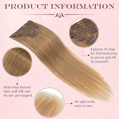 UK-Fashion-Shop Human Hair Extensions Clips in Real Hair Extension 8pcs 18 clips Long Straight Natural 18inch(70g)#27 Dark Blonde - Image 4