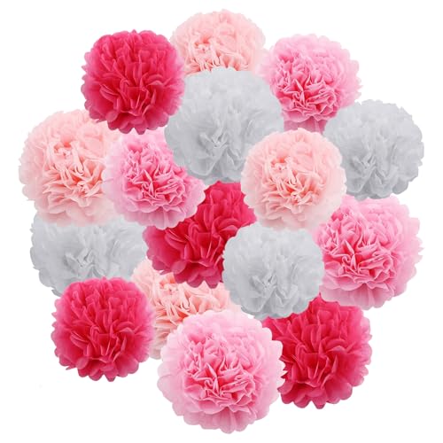 VEGCOO 16 Pompons Fleurs Rose, Décoration Pompoms Boule à Suspendre en Papier, Rose Pompon Papier de Soi pour Carnaval Mariage Decoration Bapteme, Garçon...