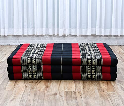 Image of Leewadee Trifold Mattress XL - Comfortable Thai Massage Pad, Foldable Relaxation Floor Mattress Filled with Kapok, Perfect to Use as a Sleeping Mat 79 x 39 inches, Black Red